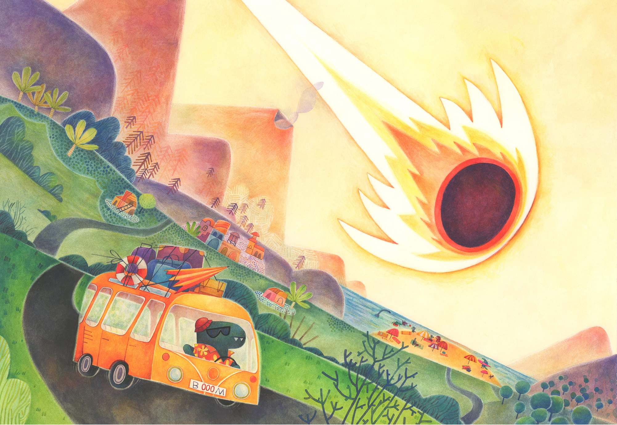 Il T-Rex sul pulmino ...e il meteorite Illustrazione per il progetto "10 dinosauri"