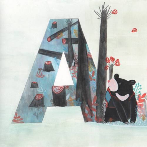 Asian Black Bear and his cub leave the devastated habitat (letter A) Suitcase in hand