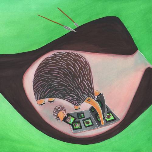 Echidna and puggle are hiding in a burrow from bow hunters and they are watching the family photobook