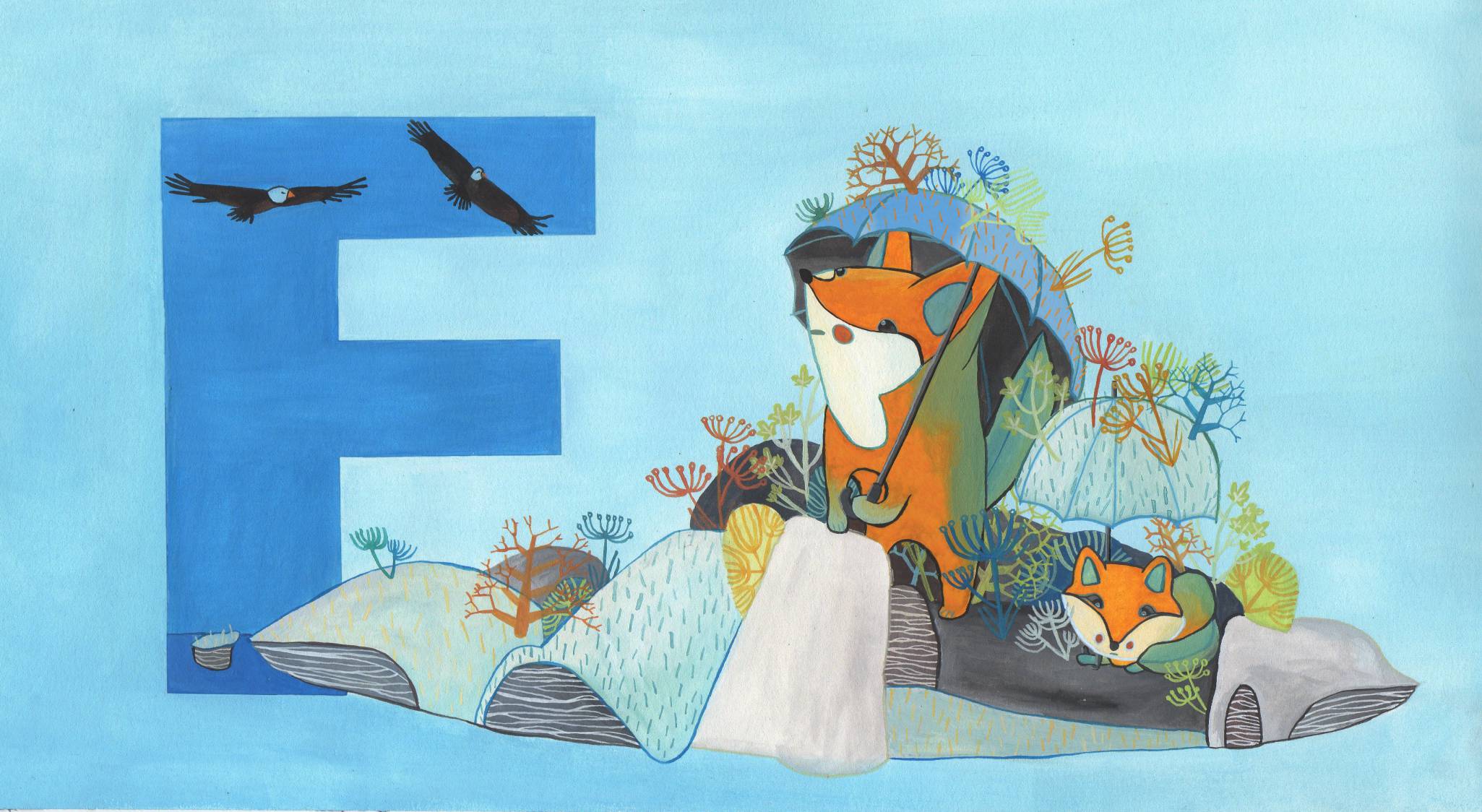 Island Fox Urocyon Littoralis fox (Urocyon Littoralis) and pup hide from the eagles under mimetic umbrellas full of plants