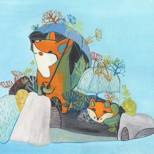 fox (Urocyon Littoralis) and pup hide from the eagles under mimetic umbrellas full of plants