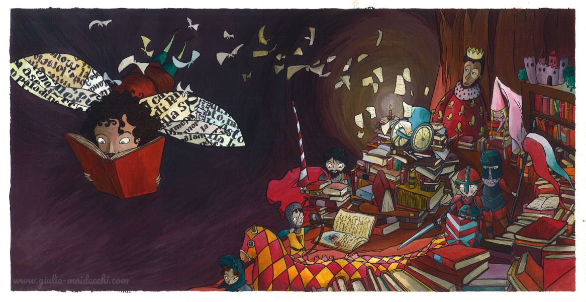 Don Quixote theme of disability Illustration exhibited at Premio Ronzinante show Don Quixote who flies on the wings of reading and imagination