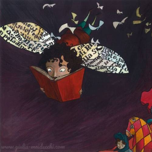 Illustration exhibited at Premio Ronzinante show Don Quixote who flies on the wings of reading and imagination