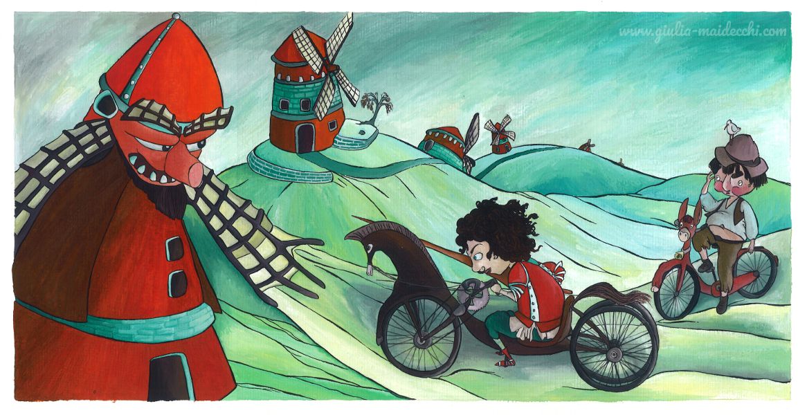 Don Quixote and Sancio Panza wheelchaired Don Quixote with Sancio Panza charges the windmills riding an hand-bike Horse