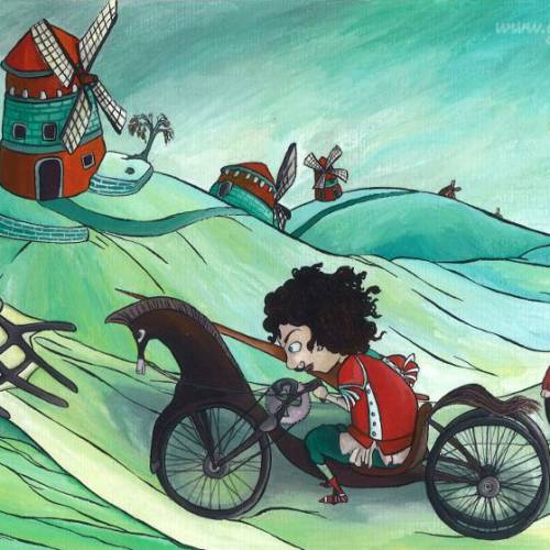 wheelchaired Don Quixote with Sancio Panza charges the windmills riding an hand-bike Horse 