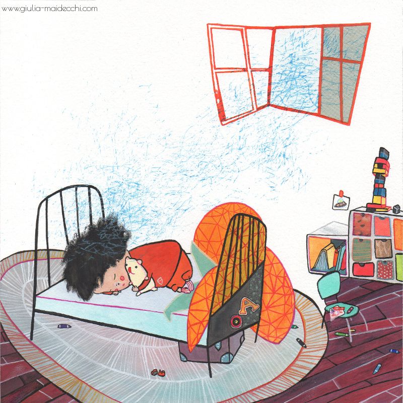 Come out to play Wind from window An open window let the wind come inside to the little protagonist playroom