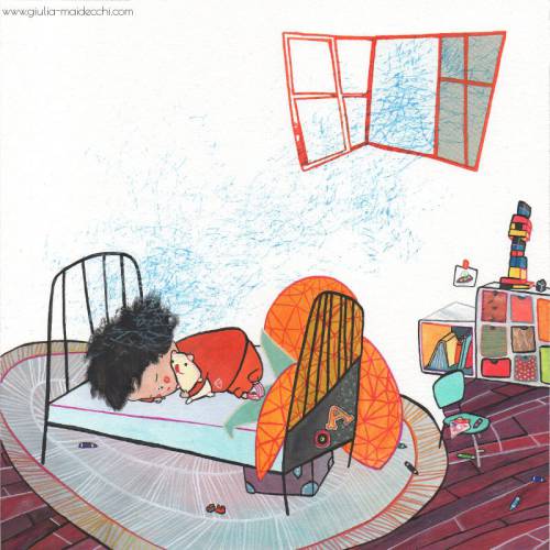 An open window let the wind come inside to the little protagonist playroom