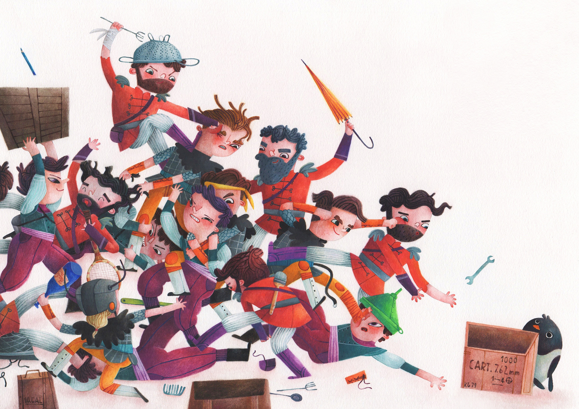 Fight with improvised weapons Illustration for "The great penguin war" project